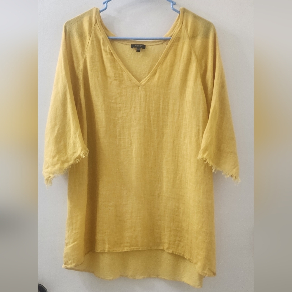 Massimo Dutti Yellow V-Neck Women's Top, Size Medium, Linen.